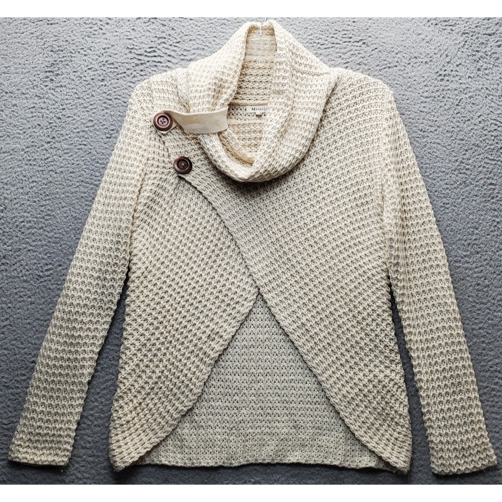 Miracle Cardigan Sweater Women S/M Tan Waffle Knit Cowl Neck Wrap Front Pullover
